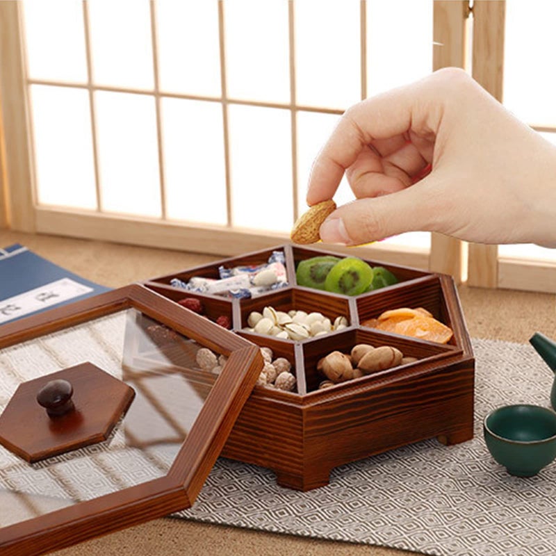 XANHOY Solid Wood Box Chinese Divided Grid Dried Fruit Tray Vintage Ornament For Home Living Room Candy Nut Melon For Case Wood Vintage Boxes For Adults, Square Trumpet - Image 5