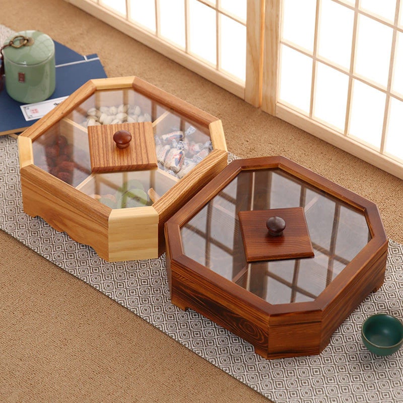 XANHOY Solid Wood Box Chinese Divided Grid Dried Fruit Tray Vintage Ornament For Home Living Room Candy Nut Melon For Case Wood Vintage Boxes For Adults, Square Trumpet - Image 4