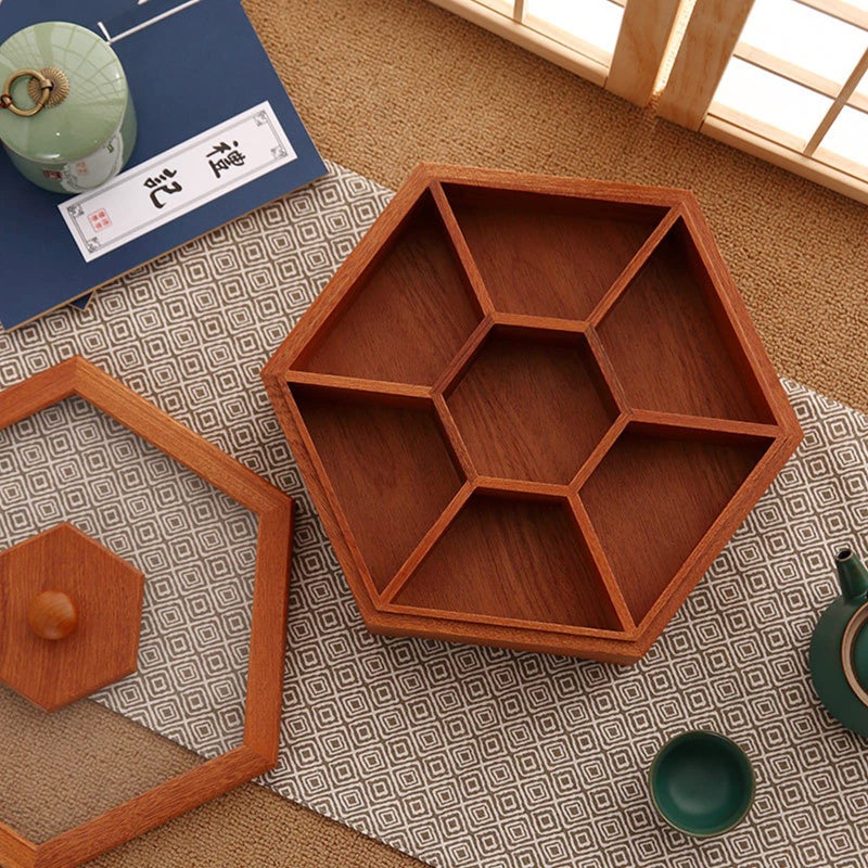 XANHOY Solid Wood Box Chinese Divided Grid Dried Fruit Tray Vintage Ornament For Home Living Room Candy Nut Melon For Case Wood Vintage Boxes For Adults, Square Trumpet - Image 2