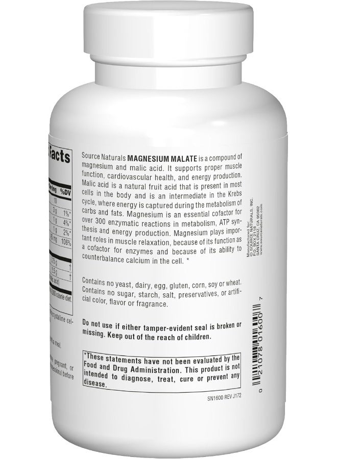 Source Naturals Magnesium Malate 625Mg Supplement Essential Bio Available Magnesium Malic Acid Supplement 200 Capsules - Image 2