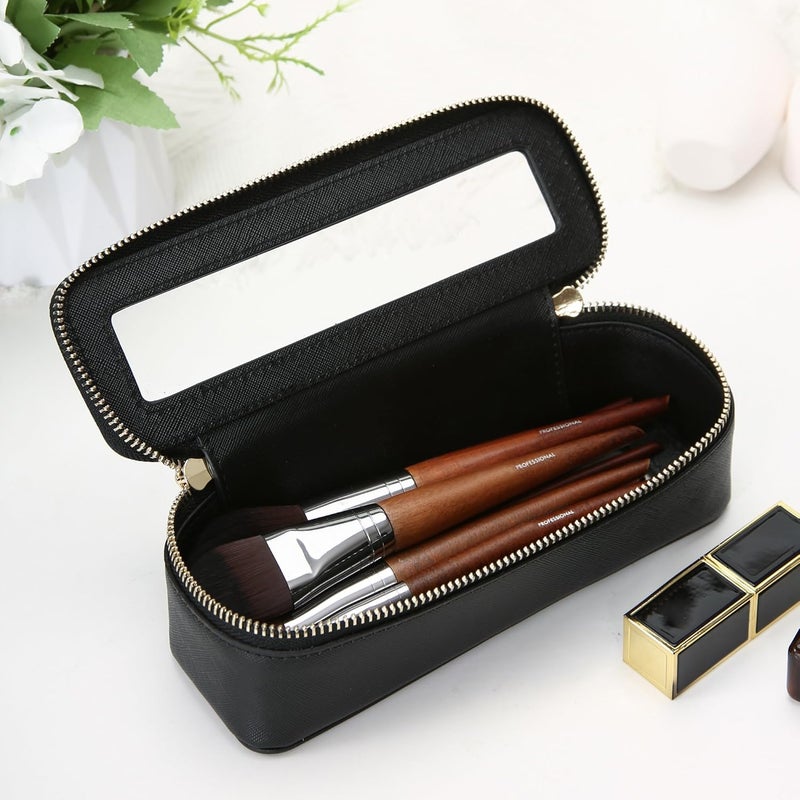 Aveniee Clear Makeup Brush Bag, Slim Cosmetic Brush Holder, small Toiletry Bag Mini Travel Case for Women, Thin Make up Bags with Dual Zipper, Cute Travel Essentials Organizer - Black - Image 2