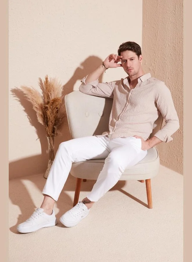 بوراتي قميص رجالي قطن مخطط بياقة بأزرار وأكمام طويلة بقصة عادية