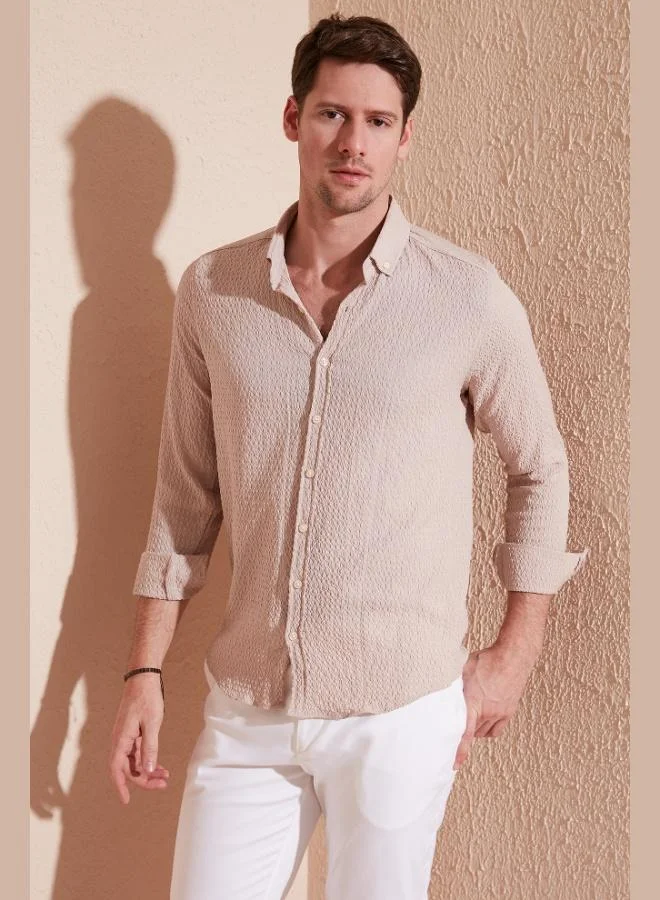 بوراتي قميص رجالي قطن مخطط بياقة بأزرار وأكمام طويلة بقصة عادية