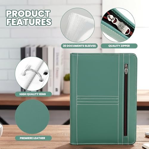 NISUN PU Leather 4 Ring Professional File Folder for Documents Certificates, Conference Folder, File with 20 Leafs (Green) - Image 4
