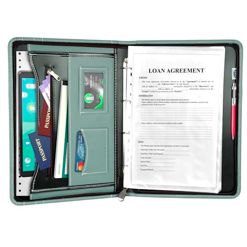NISUN PU Leather 4 Ring Professional File Folder for Documents Certificates, Conference Folder, File with 20 Leafs (Green) - Image 3