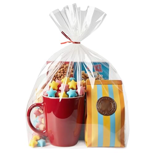 Morepack Flat Bottom Cellophane Bags100Pcs 10x4x14 Inches Clear Flat Bottom Cello Treat Cellophane Gift Bags with Twist Tiesfor Cookie Candy No Side Gusset - Image 1