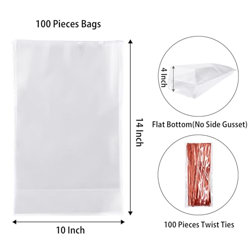Morepack Flat Bottom Cellophane Bags100Pcs 10x4x14 Inches Clear Flat Bottom Cello Treat Cellophane Gift Bags with Twist Tiesfor Cookie Candy No Side Gusset - Image 3