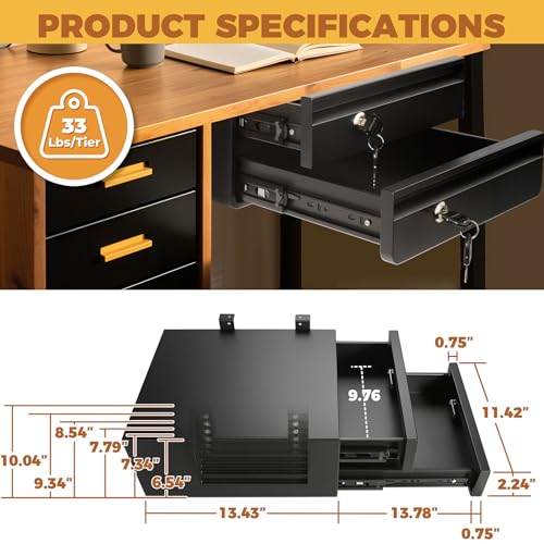 POPMOON 14.17" D Double Under Desk Drawer,Under Desk Pull out Storage Organizer with Lock and Keys,Adjustable Height, Metal Storage Drawer with Slide Extension Mounted Under Flat Wooden Table or Workbench - Image 2