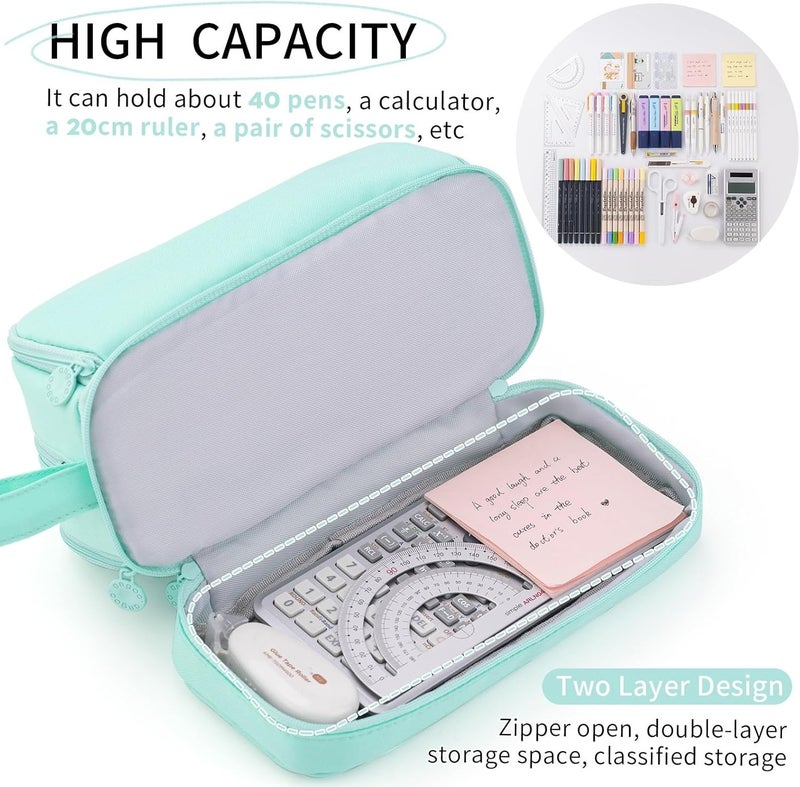 Large Capacity Pen Pencil Case with 4 Compartments - Mint Green - Image 3