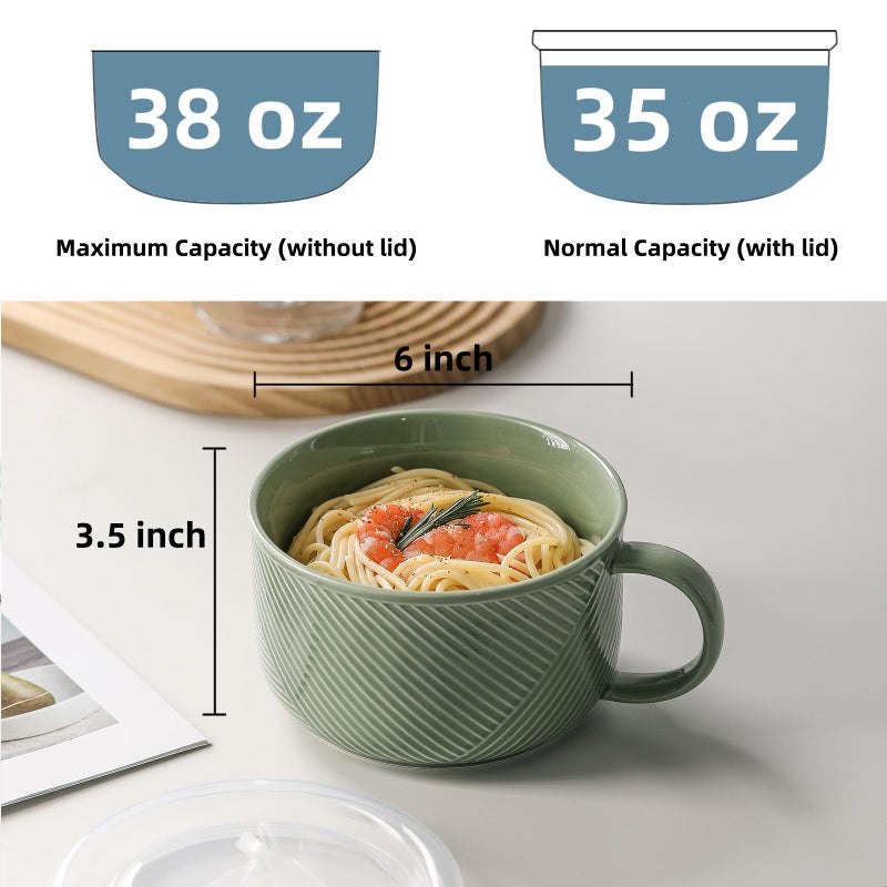 Adewnest Oversized Soup Bowl with Handle: 38 oz Ceramic Soup Mug with Lid - Microwave Safe Jumbo Food Storage Container for Ramen Cereal Breakfast Meal Prep Office Lunch Dorm Living - Pea Green 6 In - Image 2