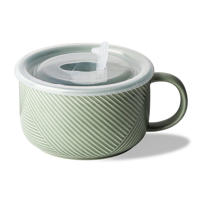 Adewnest Oversized Soup Bowl with Handle: 38 oz Ceramic Soup Mug with Lid - Microwave Safe Jumbo Food Storage Container for Ramen Cereal Breakfast Meal Prep Office Lunch Dorm Living - Pea Green 6 In - Image 1