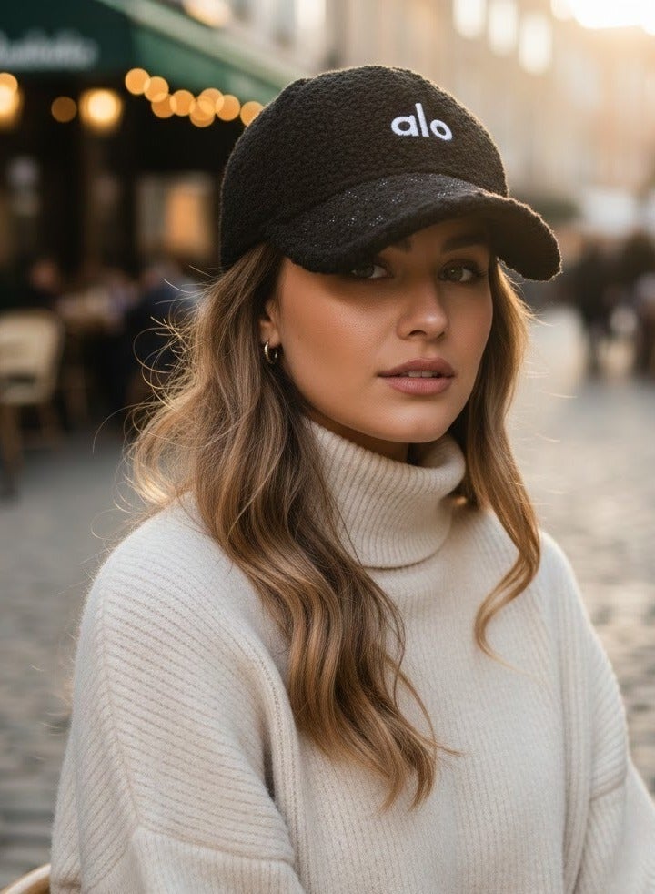 ألو كاب شتوي فرو ناعم للنساء بتصميم ALO عصري – لون أسود أنيق مع تطريز مميز – قبعة دافئة ومريحة للاستخدام اليومي والخروجات الشتوية - Image 5