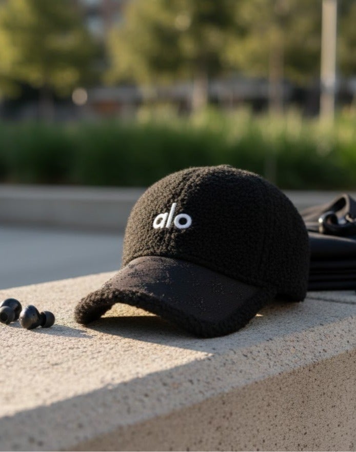 ألو كاب شتوي فرو ناعم للنساء بتصميم ALO عصري – لون أسود أنيق مع تطريز مميز – قبعة دافئة ومريحة للاستخدام اليومي والخروجات الشتوية - Image 4