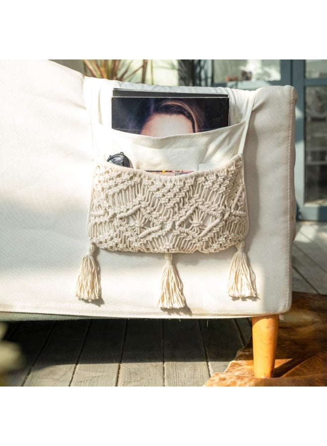 NANAO Macrame Sofa Armrest Organizer Remote Control Holder Couch Bedside Armchair Caddy Storage Basket Bag for TV Remote Control, Magazine, Books, Cell Phone, iPad, Boho Home Dorm Decor, Beige - Image 1