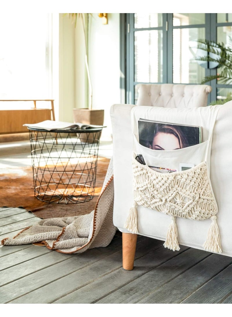 NANAO Macrame Sofa Armrest Organizer Remote Control Holder Couch Bedside Armchair Caddy Storage Basket Bag for TV Remote Control, Magazine, Books, Cell Phone, iPad, Boho Home Dorm Decor, Beige - Image 2