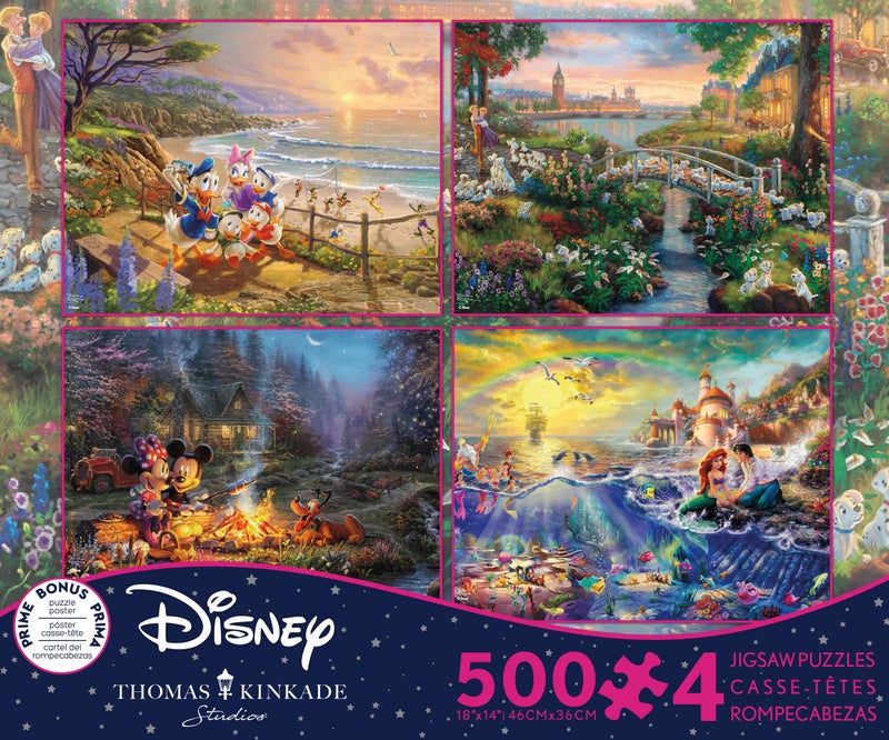 Ceaco - 4 in 1 Multipack - Thomas Kinkade - Disney Dreams Collection - Donald & Daisy Duck, 101 Dalmatians, Mickey, Minnie, & Pluto, & The Little Mermaid - (4) 500 Piece Jigsaw Puzzles - Image 1