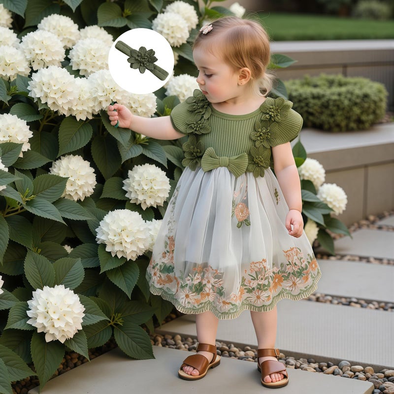 Douhoow Baby Girl Dress Romper Baby Romper Dress Flowers Embroidery Tulle Skirt Infant Girl Summer Clothes with Headband (Green, 3-6 Months) - Image 4