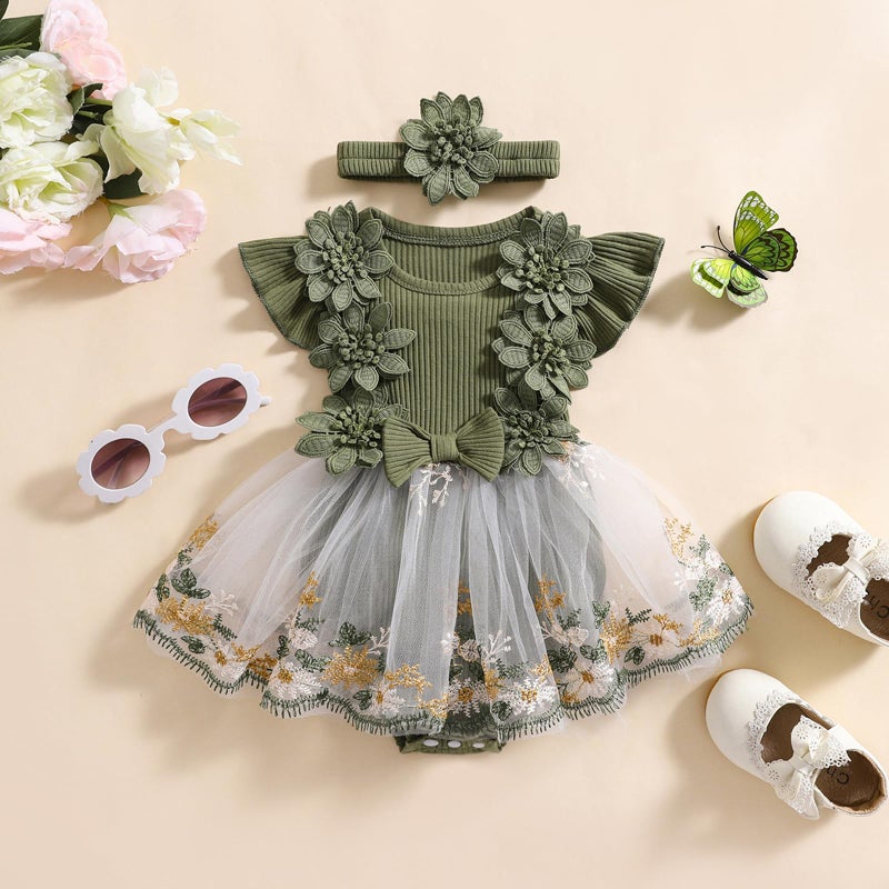 Douhoow Baby Girl Dress Romper Baby Romper Dress Flowers Embroidery Tulle Skirt Infant Girl Summer Clothes with Headband (Green, 3-6 Months) - Image 2
