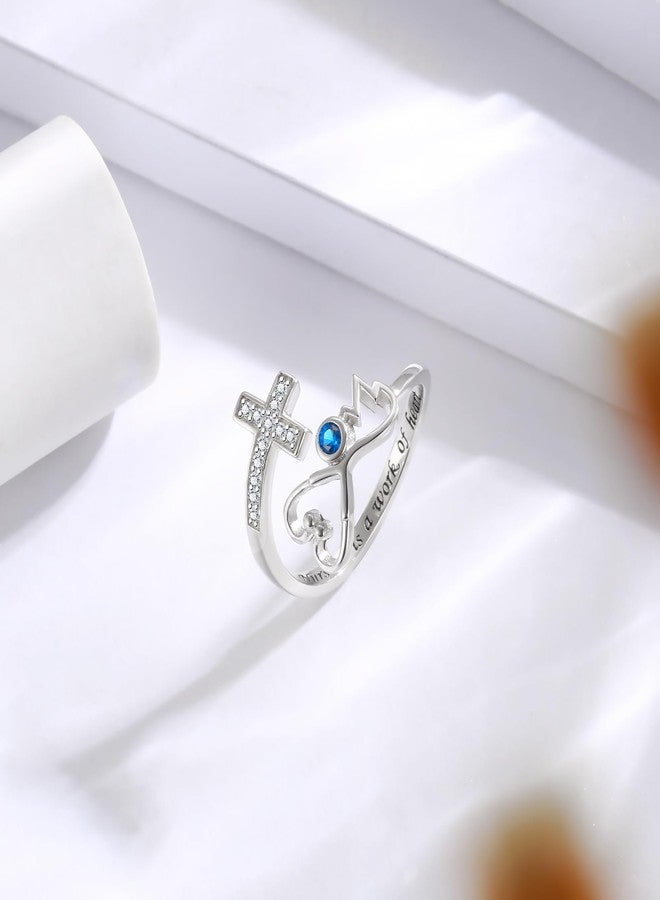 APOTIE Sterling Silver Stethoscope EKG Rings RN Heartbeat Cross Medicine Jewelry Nurses Week Gift for Medical Student Doctor Nurse - Image 2