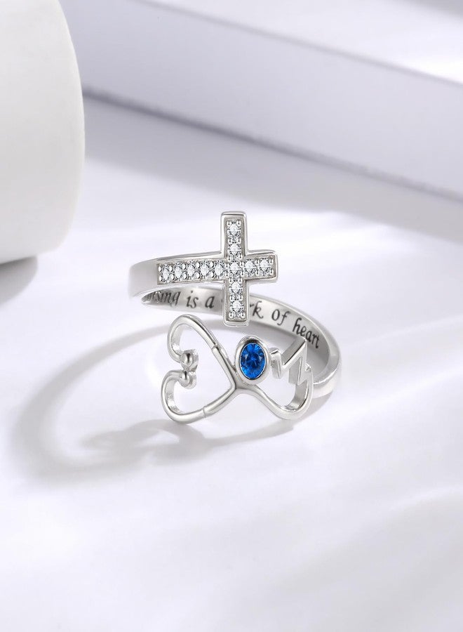 APOTIE Sterling Silver Stethoscope EKG Rings RN Heartbeat Cross Medicine Jewelry Nurses Week Gift for Medical Student Doctor Nurse - Image 3