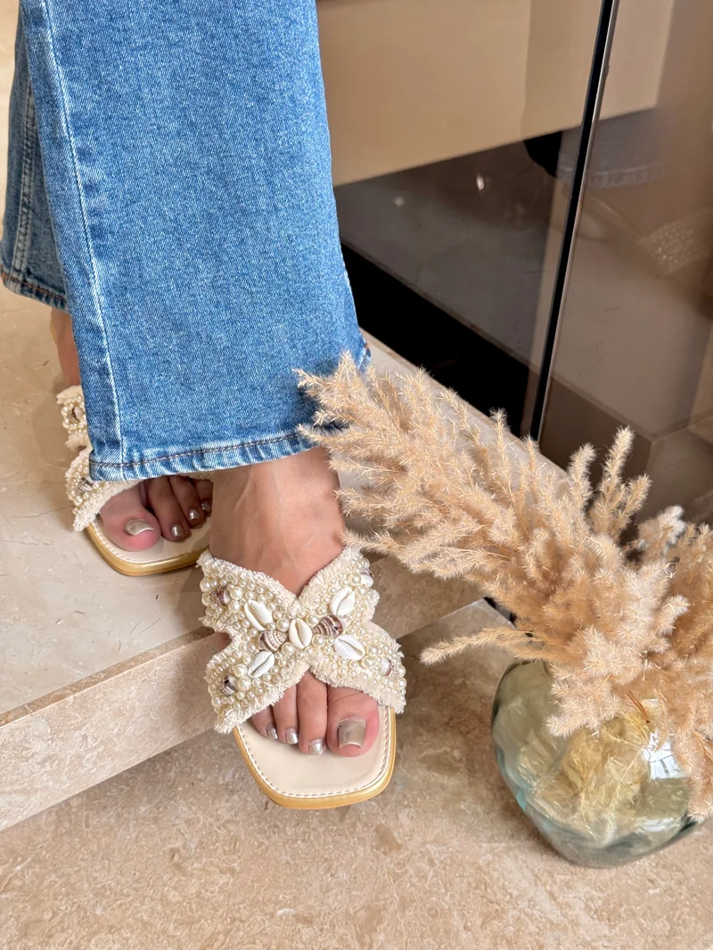 Sandal Stories Ivory White Seashell Embellished Heels for Women