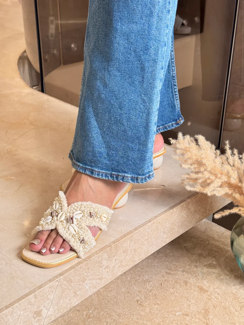 Sandal Stories Ivory White Seashell Embellished Heels for Women