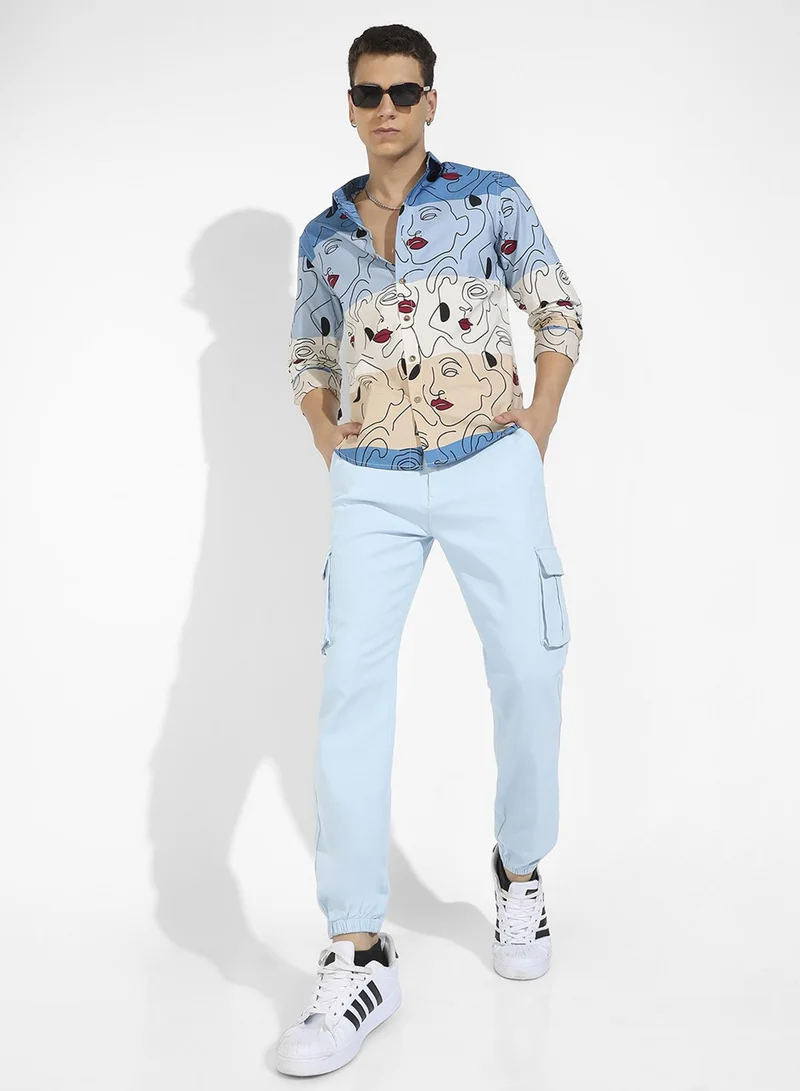 كامبوس سوترا Campus Sutra Men's Multicolour Face Line Shirt For Casual Wear | Spread Collar | Long Sleeve | Button Closure | Cotton Shirts Crafted With Comfort Fit For Everyday Wear
