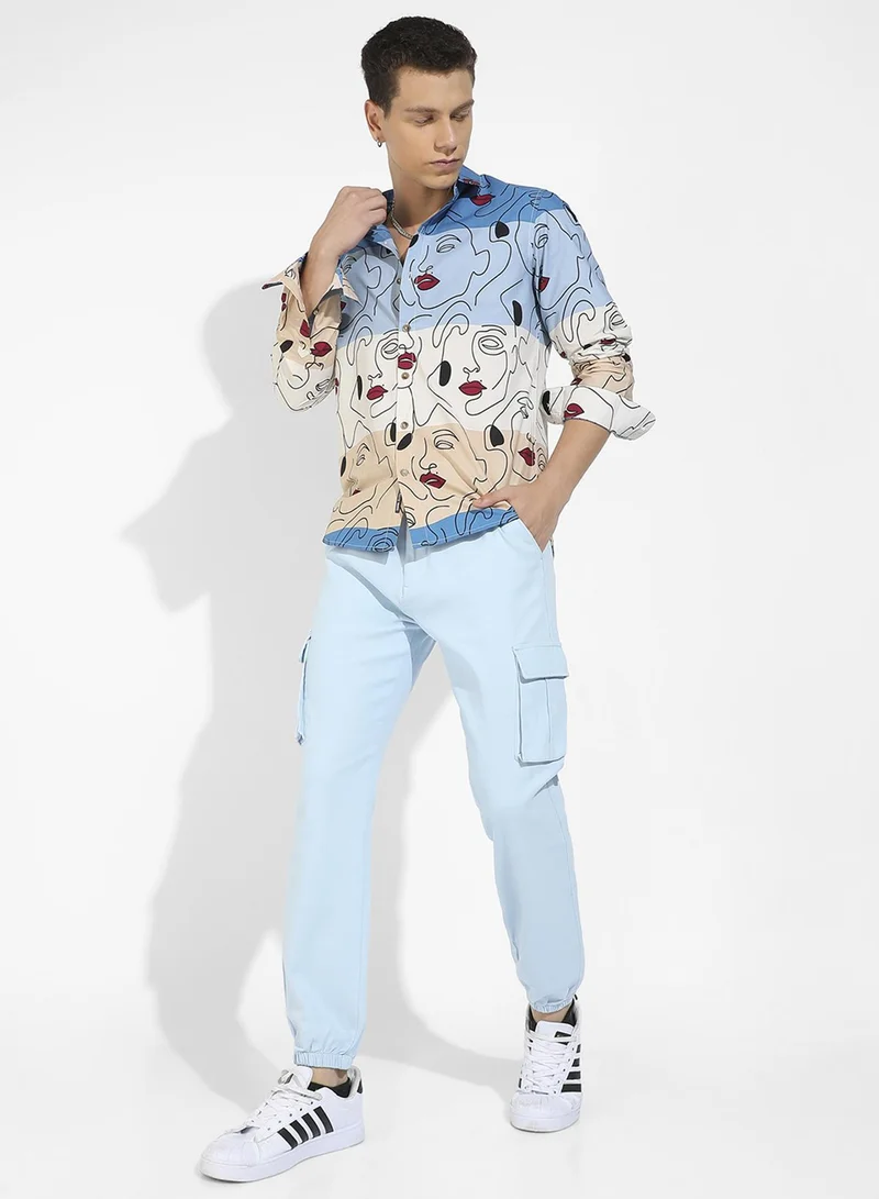 كامبوس سوترا Campus Sutra Men's Multicolour Face Line Shirt For Casual Wear | Spread Collar | Long Sleeve | Button Closure | Cotton Shirts Crafted With Comfort Fit For Everyday Wear