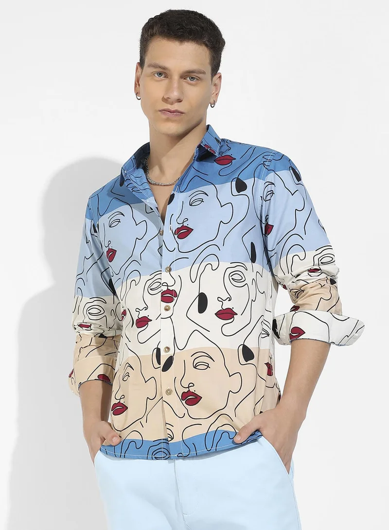 كامبوس سوترا Campus Sutra Men's Multicolour Face Line Shirt For Casual Wear | Spread Collar | Long Sleeve | Button Closure | Cotton Shirts Crafted With Comfort Fit For Everyday Wear
