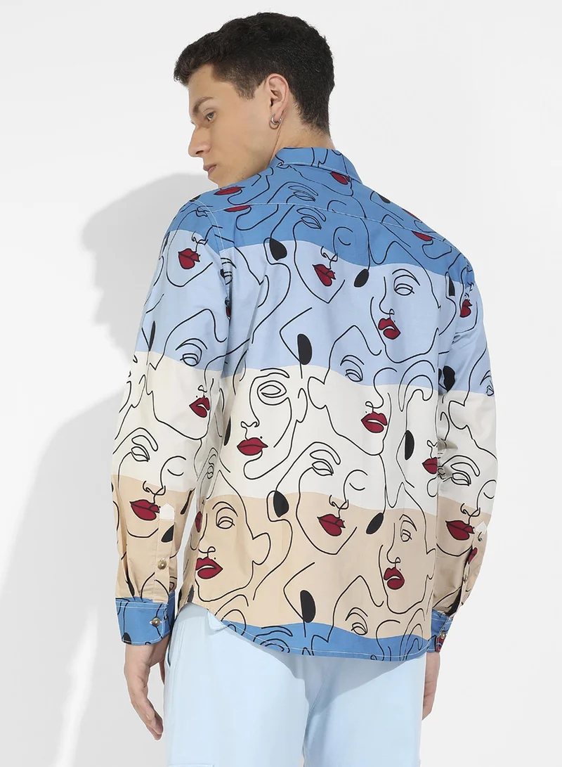 كامبوس سوترا Campus Sutra Men's Multicolour Face Line Shirt For Casual Wear | Spread Collar | Long Sleeve | Button Closure | Cotton Shirts Crafted With Comfort Fit For Everyday Wear