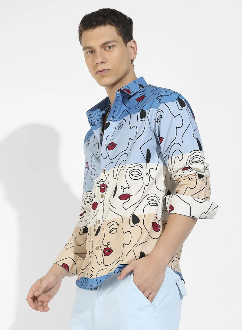 كامبوس سوترا Campus Sutra Men's Multicolour Face Line Shirt For Casual Wear | Spread Collar | Long Sleeve | Button Closure | Cotton Shirts Crafted With Comfort Fit For Everyday Wear