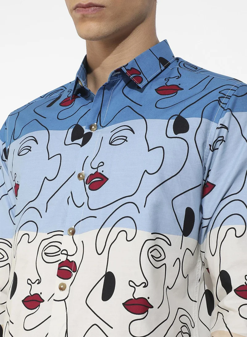 كامبوس سوترا Campus Sutra Men's Multicolour Face Line Shirt For Casual Wear | Spread Collar | Long Sleeve | Button Closure | Cotton Shirts Crafted With Comfort Fit For Everyday Wear