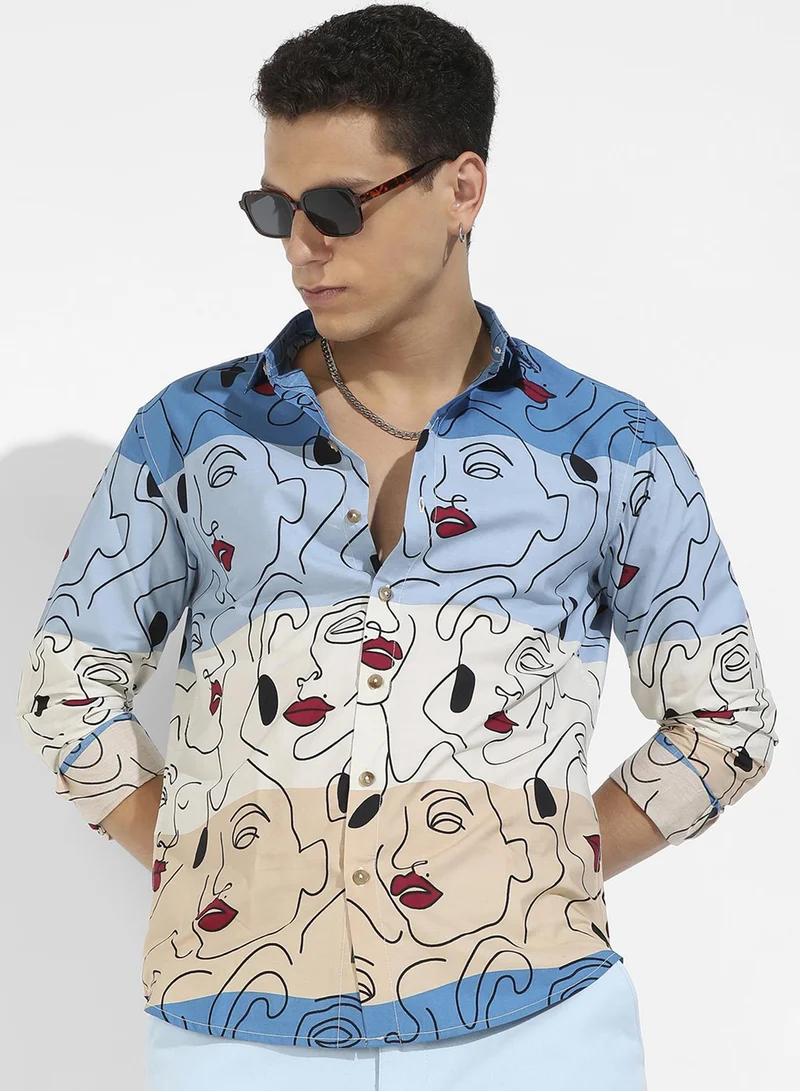 كامبوس سوترا Campus Sutra Men's Multicolour Face Line Shirt For Casual Wear | Spread Collar | Long Sleeve | Button Closure | Cotton Shirts Crafted With Comfort Fit For Everyday Wear