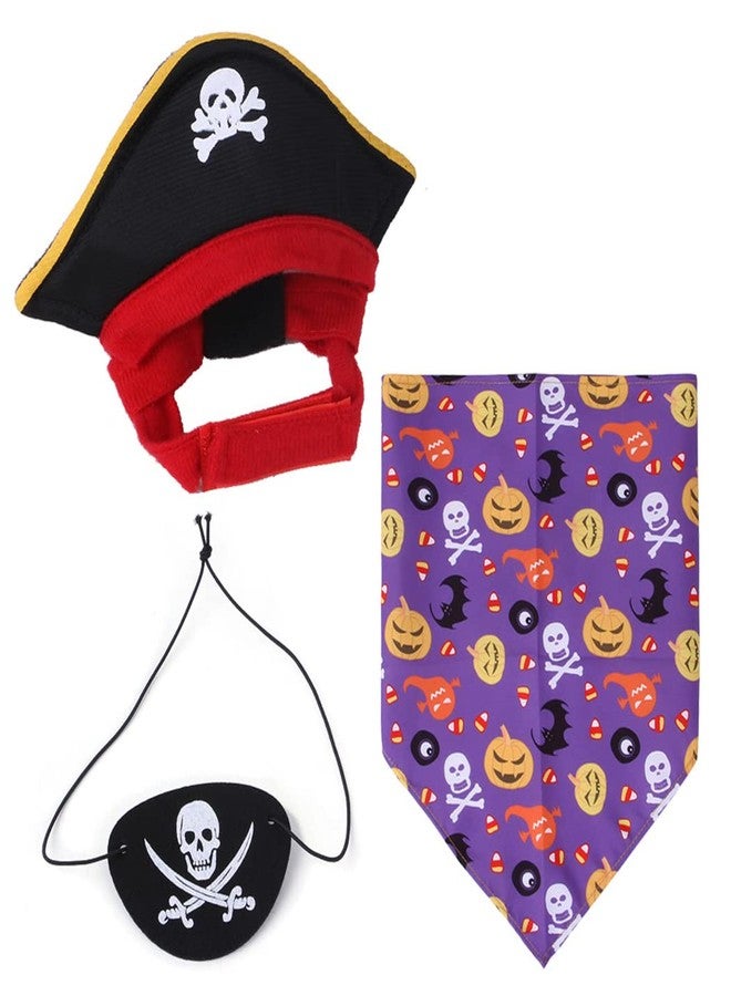 شياويو طقم زي قرصان للكلاب من شياويو مكون من 3 قطع للهالوين: قبعة قرصان، ووشاح مثلث على شكل جمجمة قرصان، وعصابة عين قرصان، مناسب للكلاب والقطط في الهالوين، لون بنفسجي - Image 2