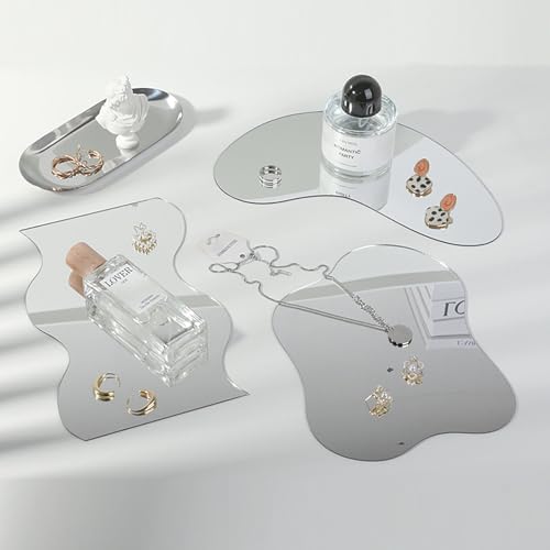 Yiemoge 3PCS Moon Ripple Shape Mirror Photo Props Set Acrylic Mirror Reflection Board Photography Background Props for Goods Crafts Lipstick Jewelry Cosmetics Makeup Tools Food Irregular - Image 3