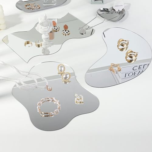 Yiemoge 3PCS Moon Ripple Shape Mirror Photo Props Set Acrylic Mirror Reflection Board Photography Background Props for Goods Crafts Lipstick Jewelry Cosmetics Makeup Tools Food Irregular - Image 1
