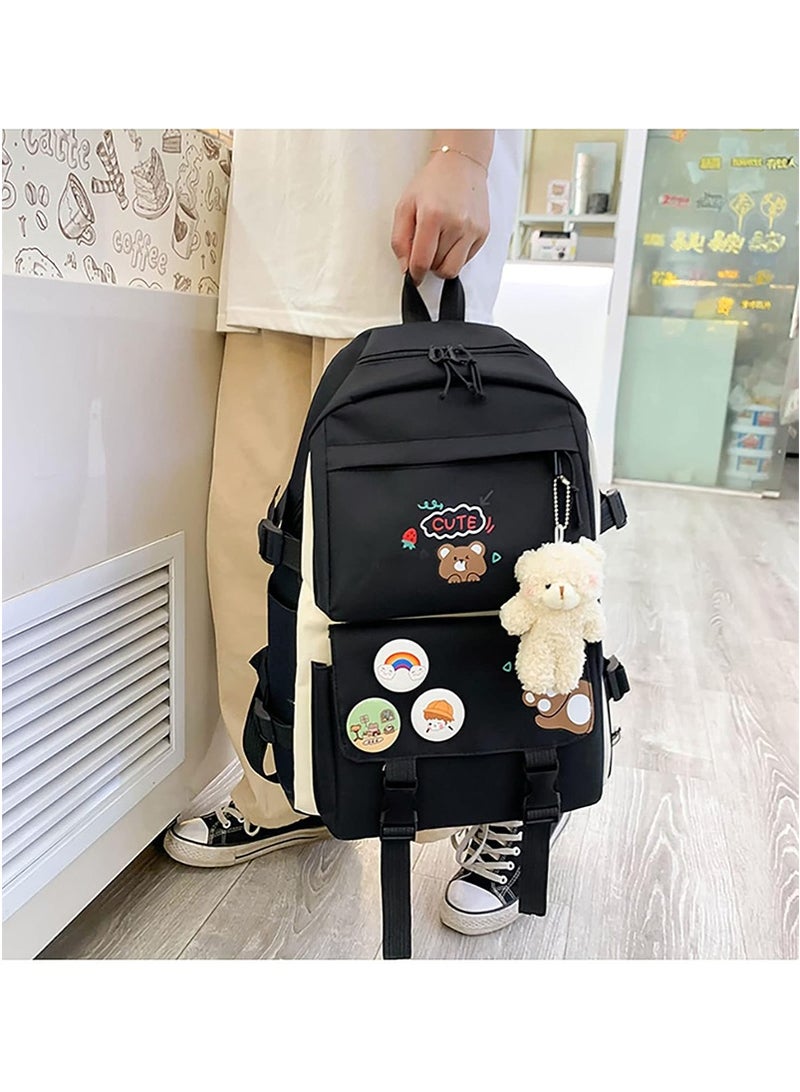 Yoawllty 5 Pcs School Bags for Girls, School Backpack Set with Charms and Pins, Pencil Case, Tote Bag and Small Bag for Teen(Black)  - Image 3