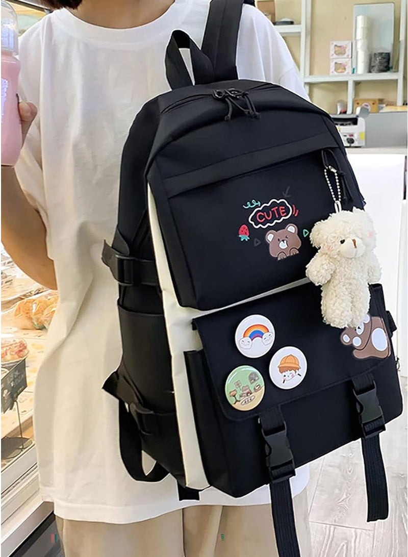 Yoawllty 5 Pcs School Bags for Girls, School Backpack Set with Charms and Pins, Pencil Case, Tote Bag and Small Bag for Teen(Black)  - Image 4