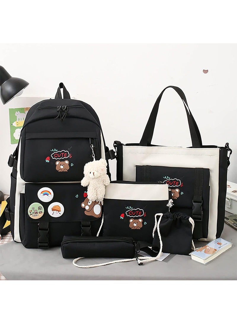 Yoawllty 5 Pcs School Bags for Girls, School Backpack Set with Charms and Pins, Pencil Case, Tote Bag and Small Bag for Teen(Black)  - Image 1