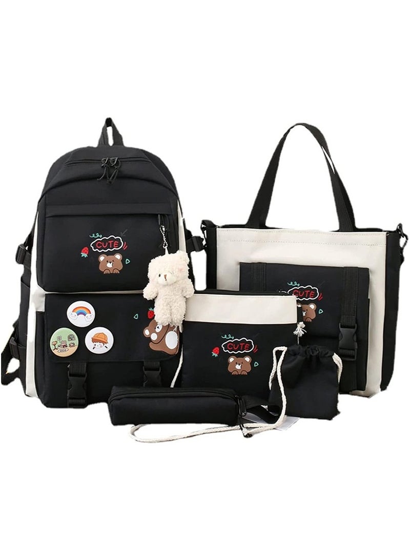 Yoawllty 5 Pcs School Bags for Girls, School Backpack Set with Charms and Pins, Pencil Case, Tote Bag and Small Bag for Teen(Black)  - Image 2