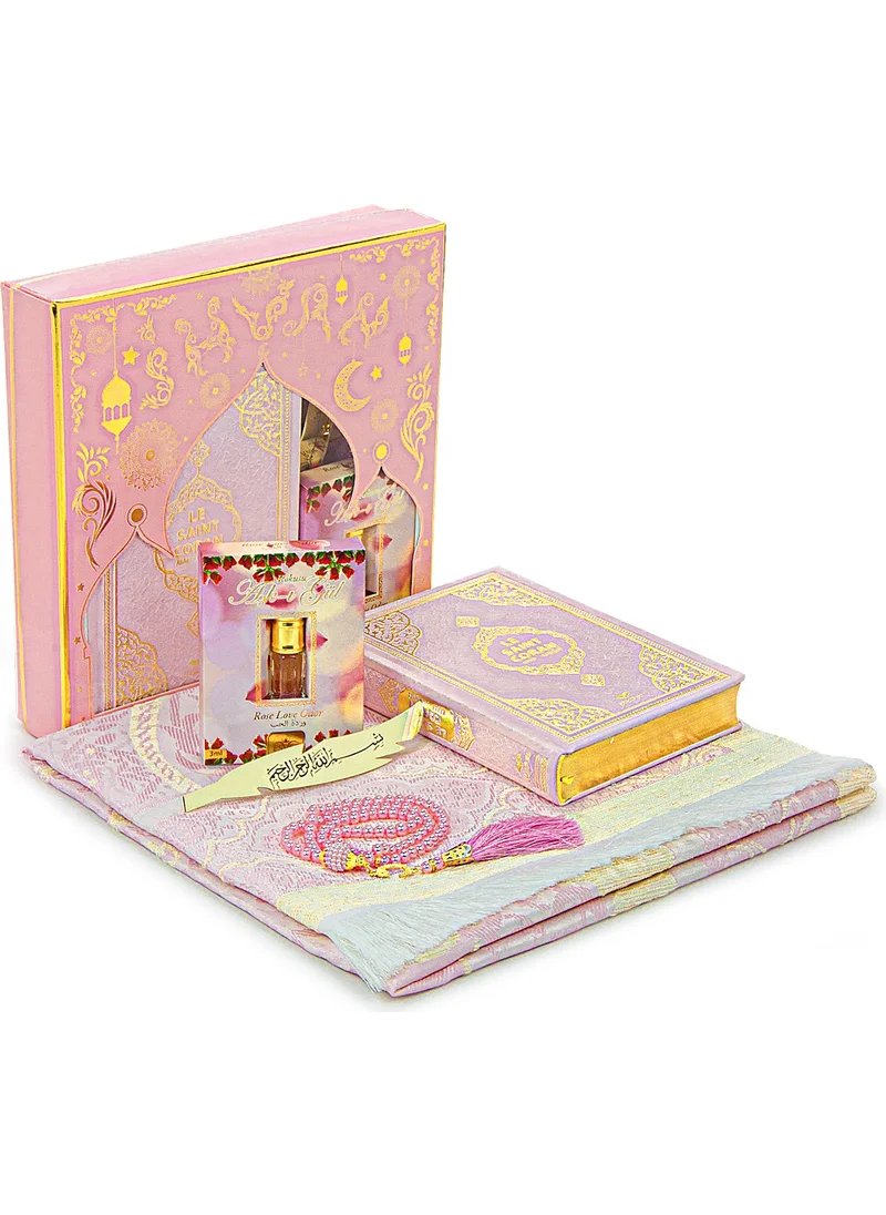 İhvan Online Ihvan Online Quran with French Meaning and Medina Calligraphy and Prayer Rug Set Pink