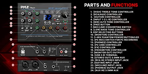 Pyle USB Audio Interface MICLINE Guitar AUX Stereo RCA Inputs Preset 24 Digital Effects Phantom Power PhoneStereoMonitorHeadphone Outputs For Computer Playing Recording PMUX9 - Image 3