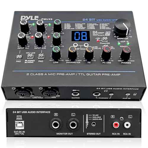 Pyle USB Audio Interface MICLINE Guitar AUX Stereo RCA Inputs Preset 24 Digital Effects Phantom Power PhoneStereoMonitorHeadphone Outputs For Computer Playing Recording PMUX9 - Image 1