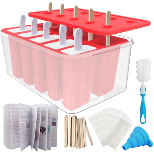 Miaowoof Homemade Popsicle Molds 10Cav NonBPA Silicone Ice Pop Maker with 50 Sticks 50 Bags 10 Reusable Sticks Funnel Brush and Ice Pop Recipe RedBin