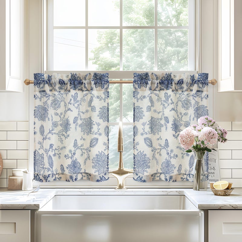 DriftAway Kitchen Curtain Floral Tier Linen Short Floral Paisley Patterned Cafe Curtains 24 Inch Length for Living Room Bathroom Freda Jacobean Farmhouse Country Drapes Rod Pocket 2 Panels Navy - Image 1