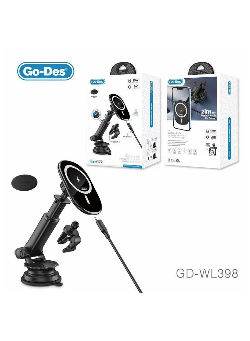 Go-des WL 398 3 in 1 Car Wireless Phone Charger Fast Charging Dashboard - Image 1