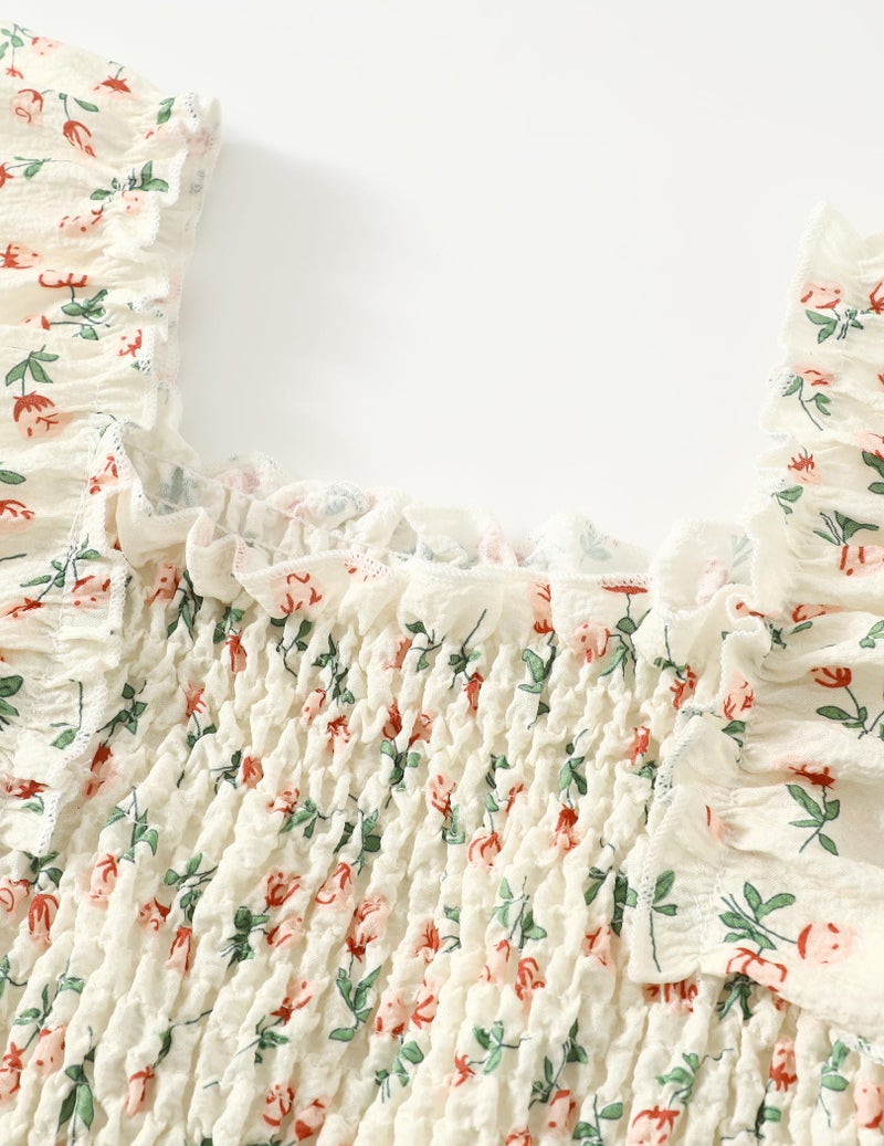 Fdqin Girls Floral Dresses Cute Square Neck A-line Swing Dress Flowy Tie Back Dresses for Spring Summer Apricot Floral 5-6 Years - Image 2