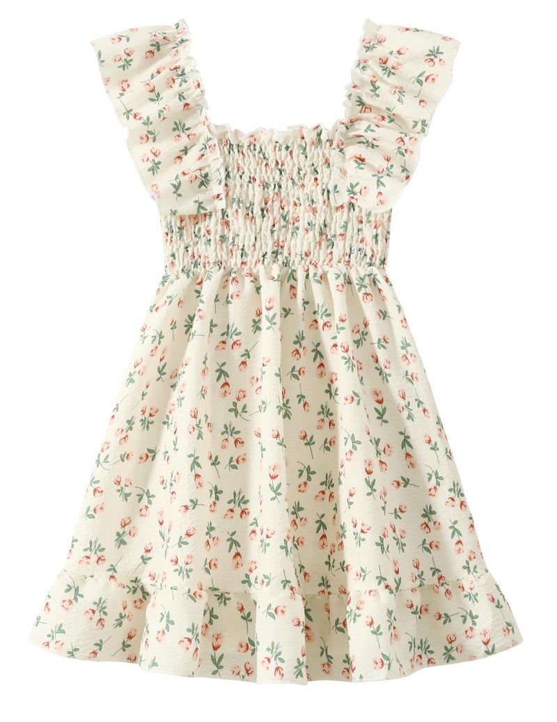 Fdqin Girls Floral Dresses Cute Square Neck A-line Swing Dress Flowy Tie Back Dresses for Spring Summer Apricot Floral 5-6 Years - Image 1
