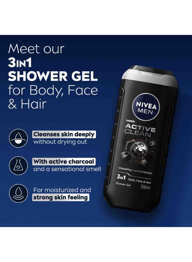 Nivea Men Active Clean 3 in 1 Shower Gel 250 ml Body Face Hair Deep Clean Charcoal Fresh Skin Care - Image 4