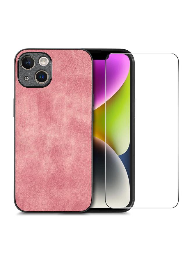 Case For iPhone 14 Plus Retro Leather Skin PC Phone Case with High Aluminum-silicon Glass Film